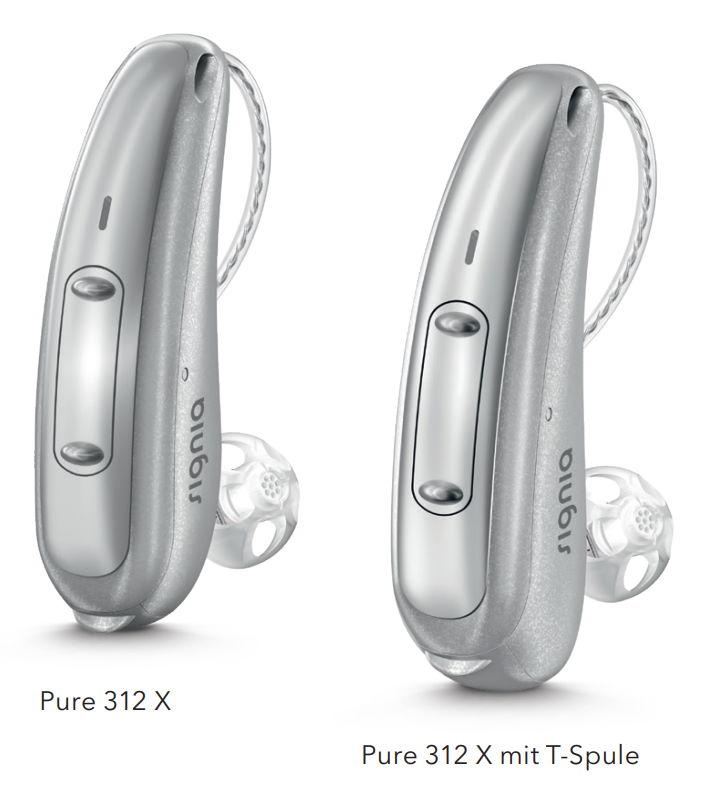 Hörgerät Pure 312 X von Signia, abgebildet mit und ohne Telefonspule