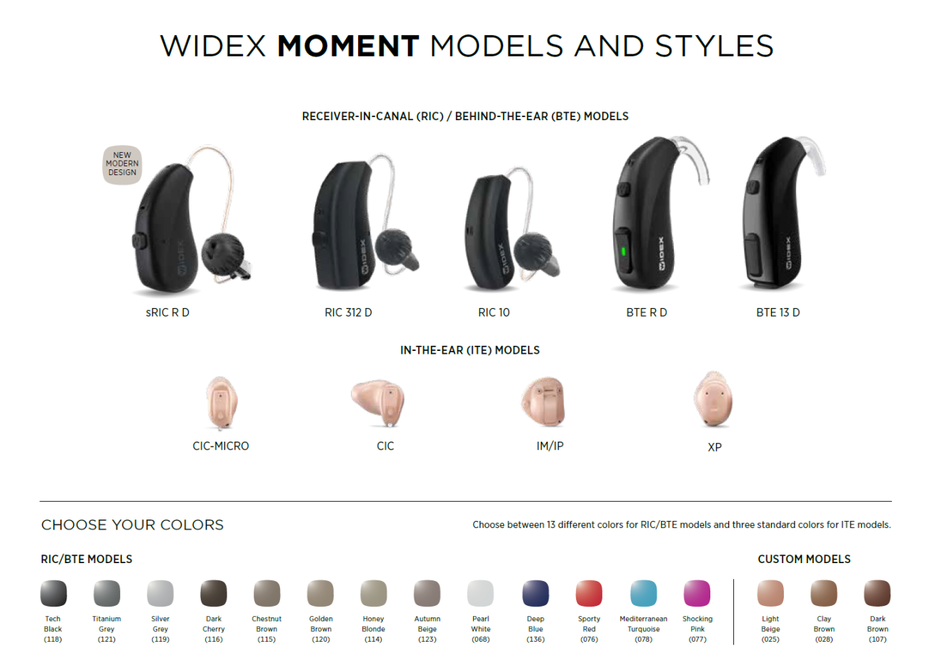 Bauformen und Farben des Hörgeräts Moment von WIDEX